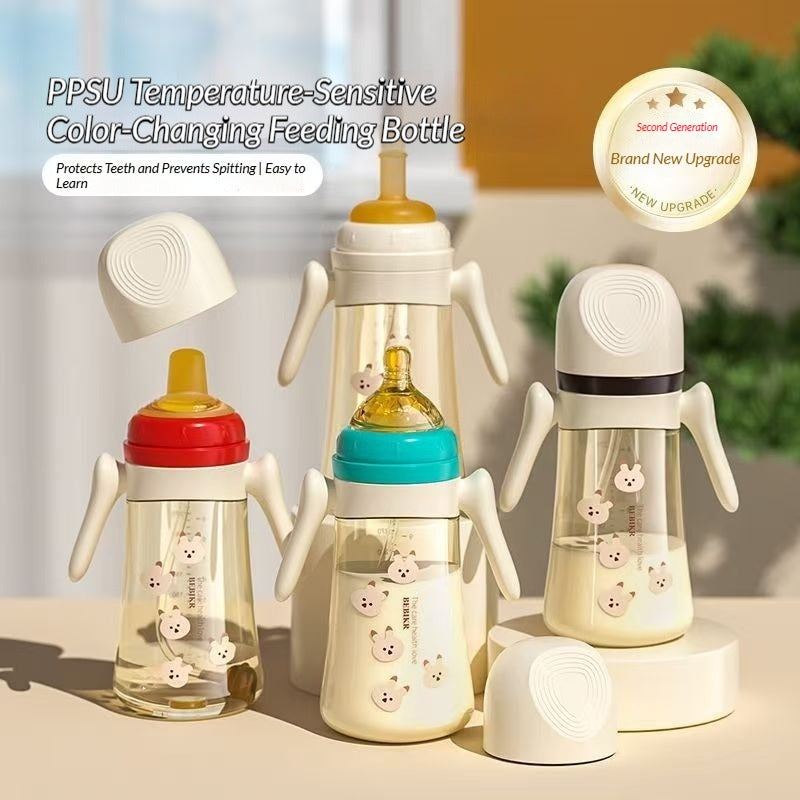 Temperature-sensitive color-changing PPSU baby bottle anti-spray and anti-colic stage-appropriate design for babies 6 months and up leak-proof wide handle 300ml