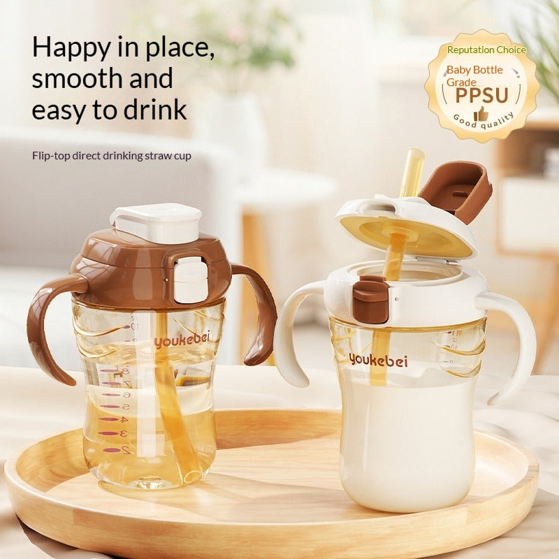 PPSU Baby Straw Bottle with One-Touch Flip Lid Temperature-Sensing Scale Anti-Colic & Leak-Proof 300ml