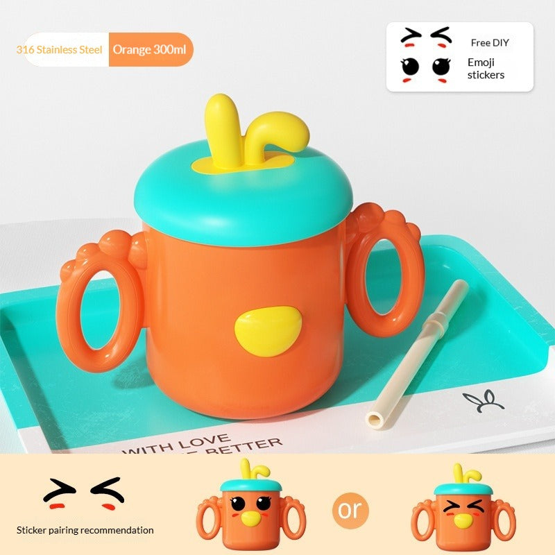 316 Stainless Steel Kids Milk Cup Graduated Training Cup with Straw Straw & Direct-Drink Dual Mode Baby Home Milk & Water Cup