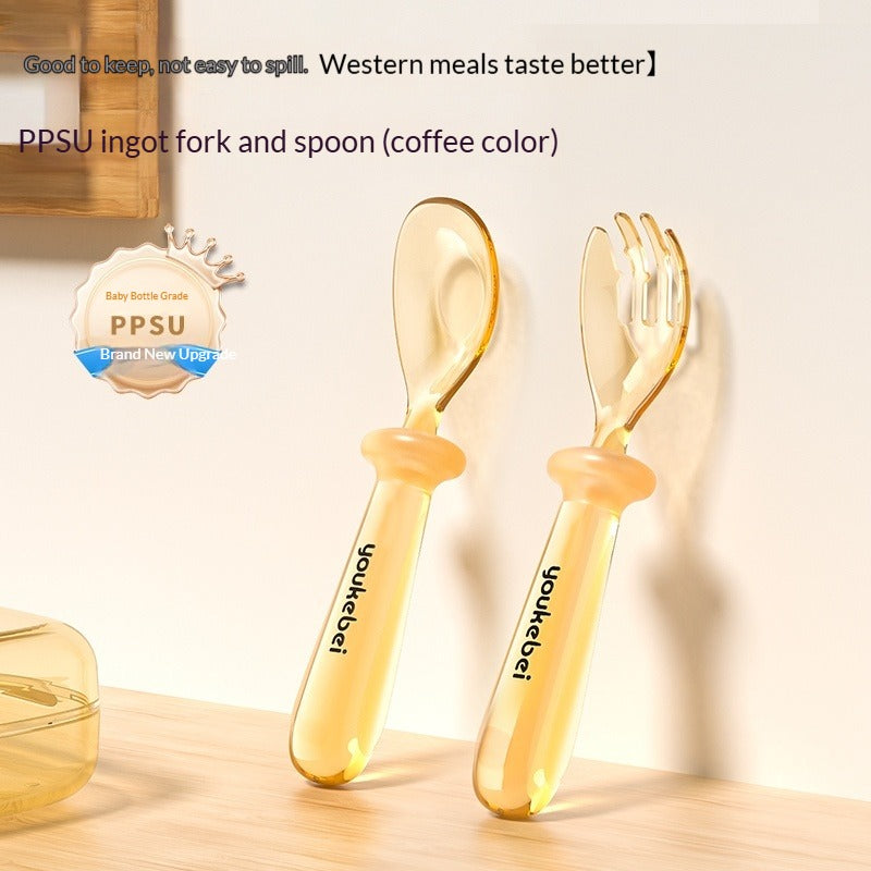 PPSU Ingot-Shaped Baby Spoon & Fork Food-Grade Heat Resistant Anti-Slip Silicone Handle Infant Feeding Training Self-Feeding Tableware