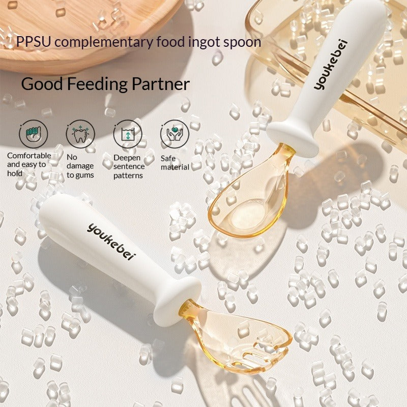 PPSU Ingot-Shaped Baby Spoon & Fork Food-Grade Heat Resistant Anti-Slip Silicone Handle Infant Feeding Training Self-Feeding Tableware