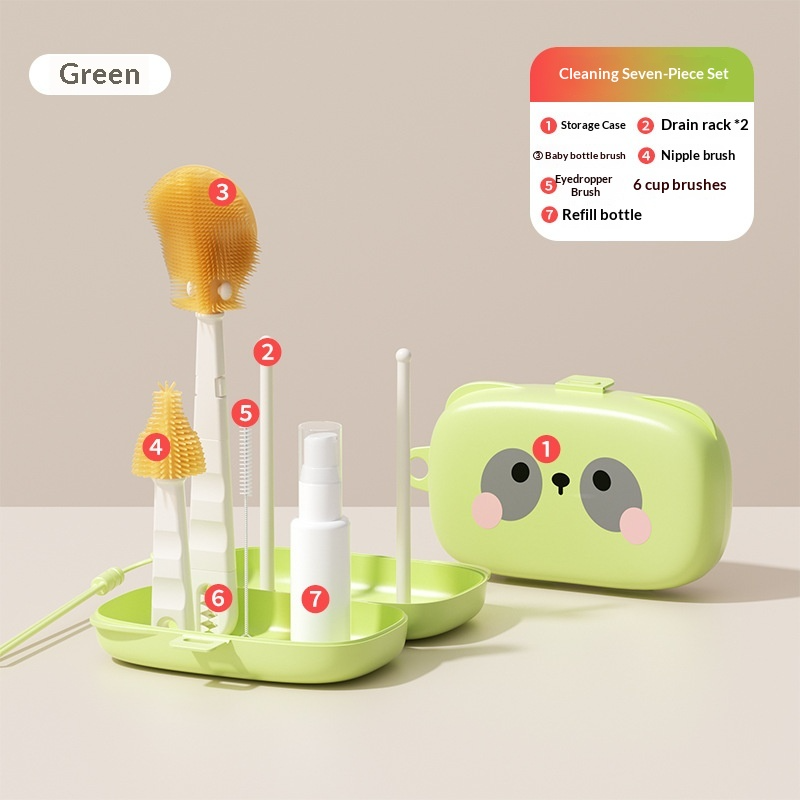 Multifunction Baby Bottle Cleaning Brush Set｜Silicone Nipple & Straw Brushes with Built-in Drying Rack｜Portable Travel Kit
