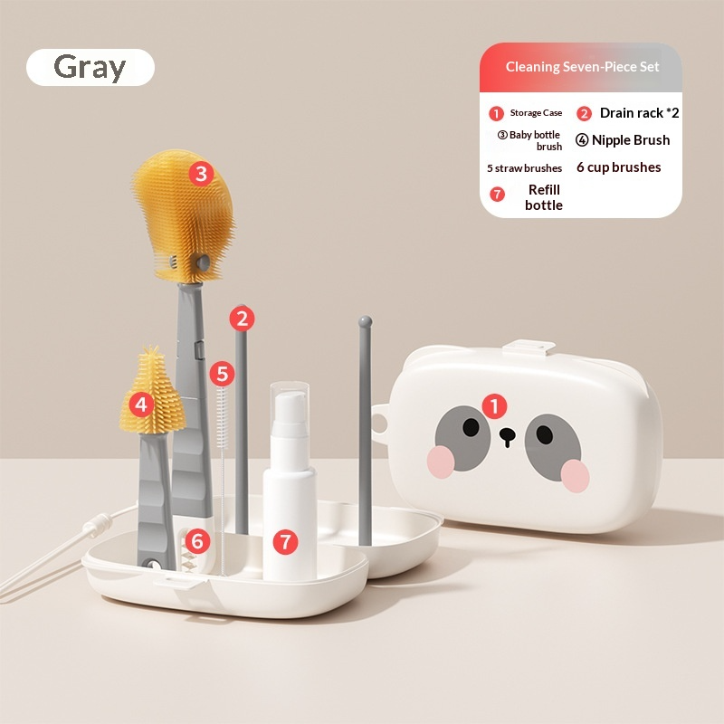 Multifunction Baby Bottle Cleaning Brush Set｜Silicone Nipple & Straw Brushes with Built-in Drying Rack｜Portable Travel Kit