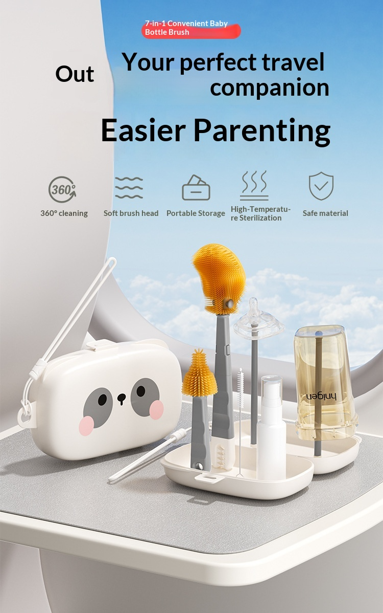 Multifunction Baby Bottle Cleaning Brush Set｜Silicone Nipple & Straw Brushes with Built-in Drying Rack｜Portable Travel Kit