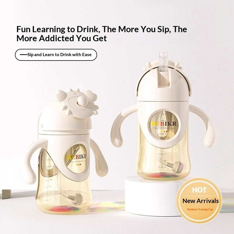 ถ้วยฝึกหัดดื่มสำหรับเด็ก PPSU ทำจากซิลิโคนเกรดอาหาร มีเอฟเฟ็กต์แสงสีรุ้ง ฝาเลื่อนเปิดปิดได้ มีหูจับ เหมาะสำหรับฝึกหัดเรียนรู้ 