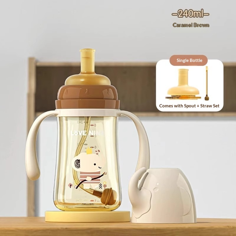 ขวดนมเด็ก PPSU แบบมีหลอดดูด เปลี่ยนสีตามอุณหภูมิ | ถ้วยฝึกดื่มปากกว้าง ป้องกันอาการจุกเสียด ป้องกันการกระเด็น และทนทานต่อการแตกหัก