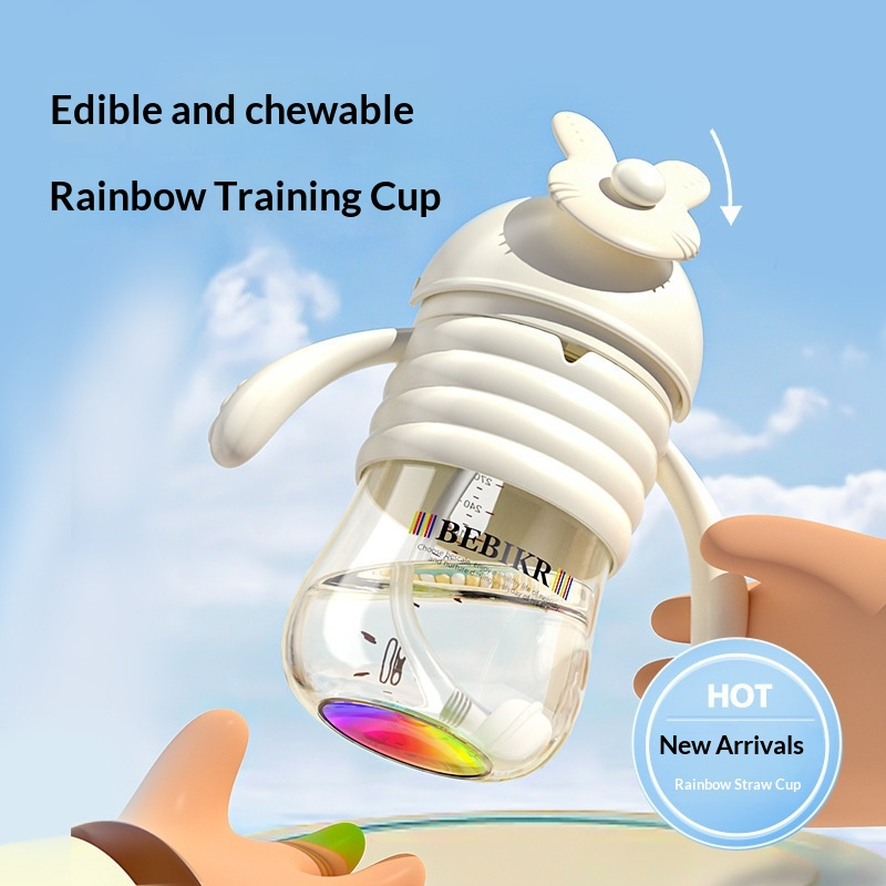 ถ้วยหัดดื่มแบบฝาเปิดปิดได้ สีรุ้ง PPSU ขนาด 300 มล. สำหรับเด็กอายุ 6 เดือนขึ้นไป 