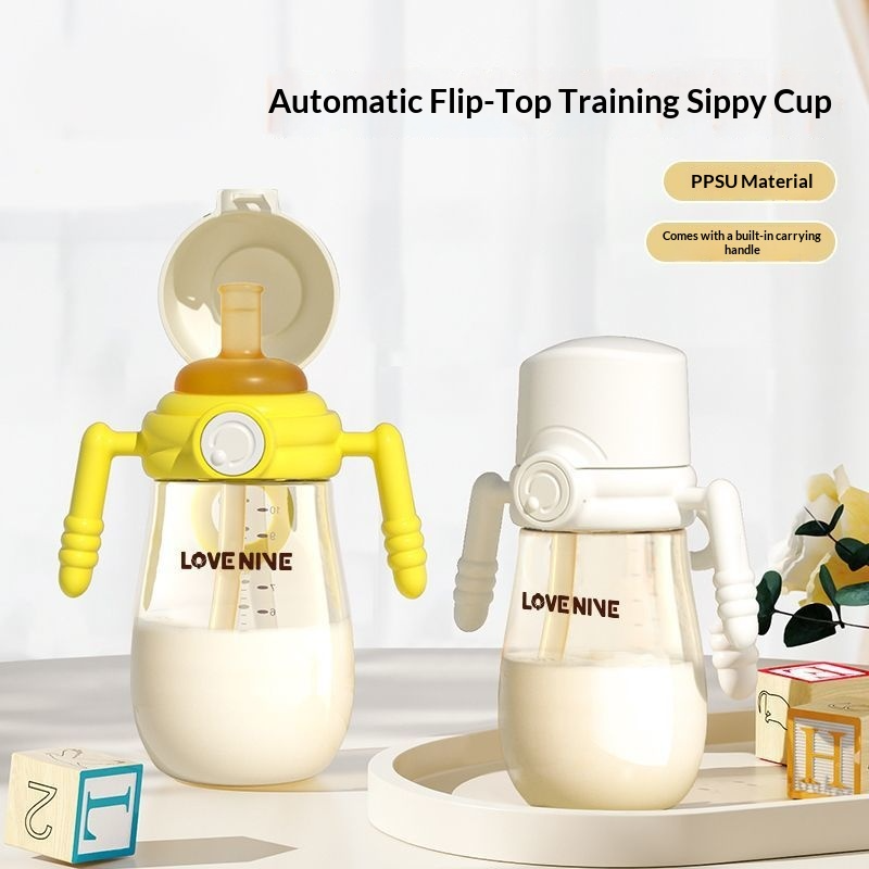 ถ้วยหัดดื่มแบบมีหลอดดูดสำหรับเด็กวัยหัดเดิน PPSU (12 เดือนขึ้นไป) ถ้วยหัดดื่มแบบฝาเปิดปิดได้ สำหรับนมและน้ำ คุณภาพเดียวกับขวดนมเด็ก จุกดูดไม่กัดฟัน 