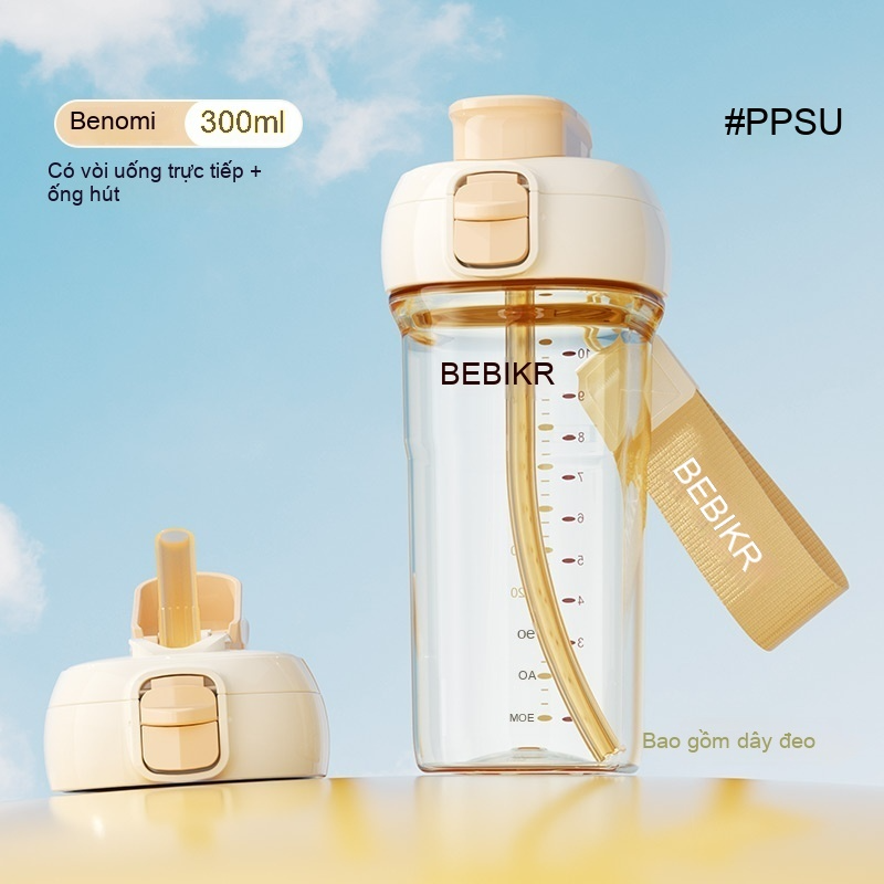 BEBIKR PPSU Flip-Top Direct Drink Bottle | 300ml Baby-Grade Material | Direct Sip + Straw 2-in-1 with Smart Temperature Sensor | For Kids & Adults