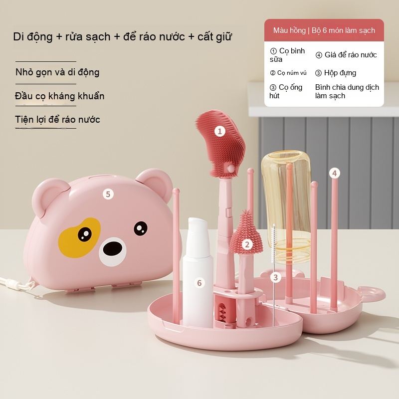Pink Baby Bottle Brush Cleaning Set - Bộ 6 Món Làm Sạch Bình Sữa Màu Hồng