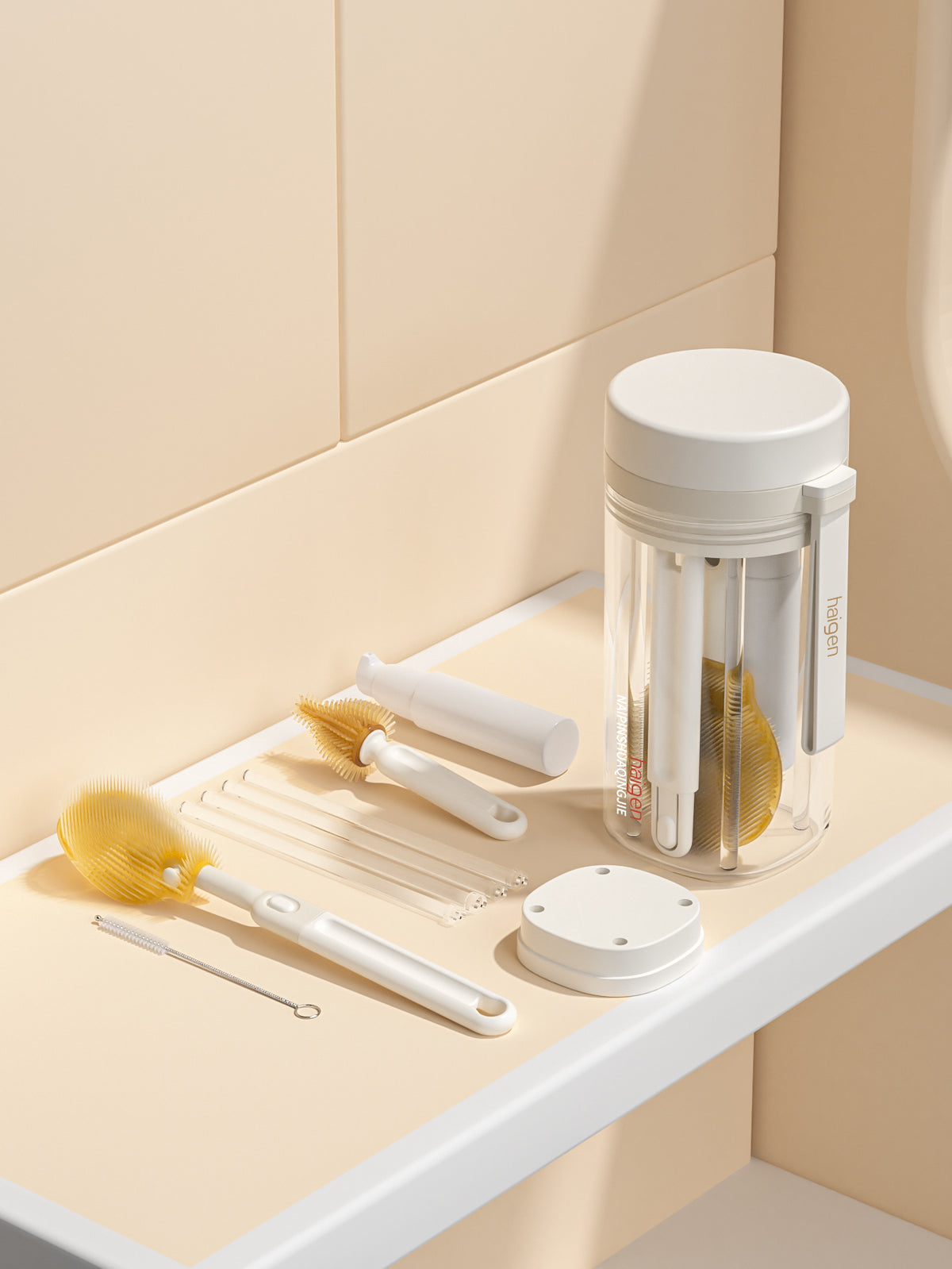 Haigen Portable Bottle Brush Travel Kit | 6‑Piece Set with Foldable Brush, 50ml Dispenser, Drying Rack & Storage Case | BPA‑Free | For Baby Bottles, Nipples & Straws