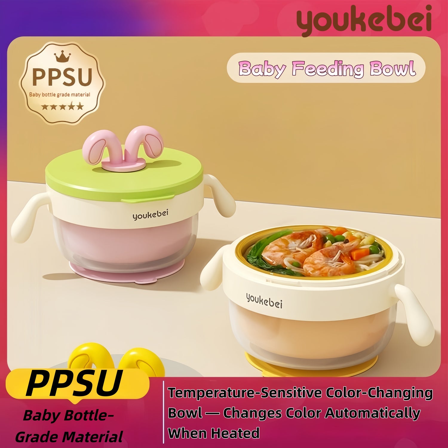 PPSU Insulated Baby Feeding Bowl Set with Water-Fill Heat Retention, Temperature-Sensitive Color Change & Anti-Drop Design