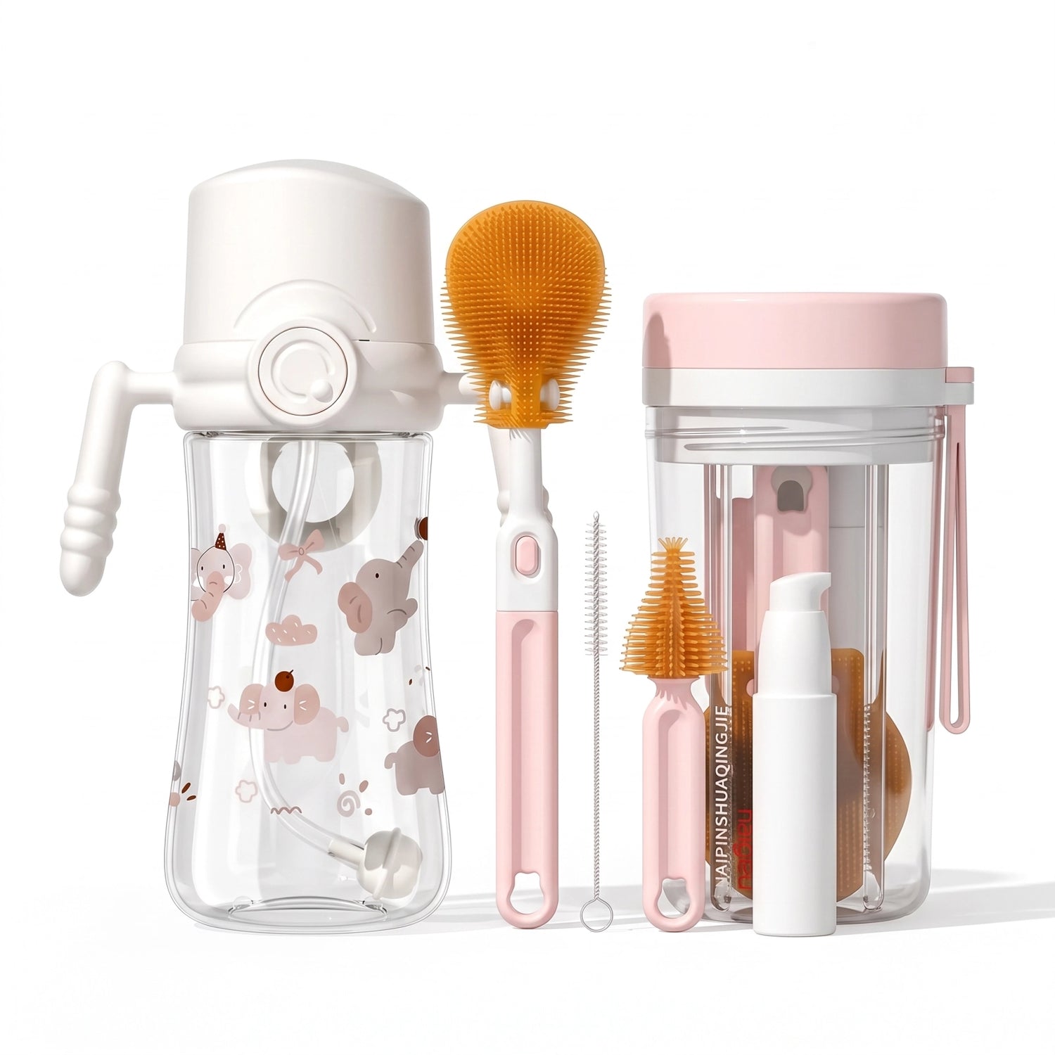 Combo Bình Sữa 300ml + Bộ Cọ Rửa Du Lịch Haigen 6 Món - Tiện Lợi Cho Mẹ Và Bé