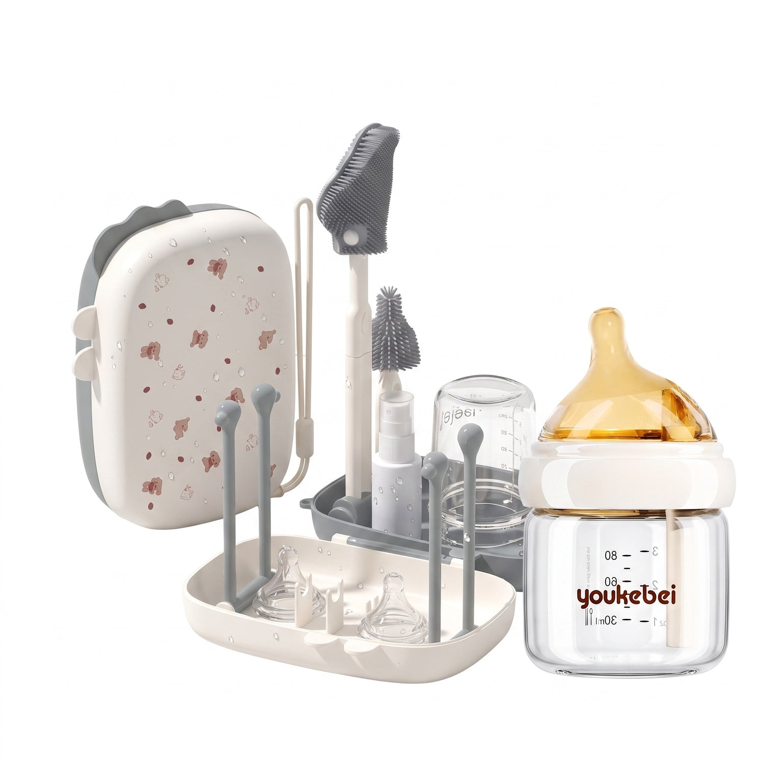 Newborn Glass Baby Bottle Set 0–6 Months, Anti-Colic Anti-Spit-Up Anti-Choking, 80/160ml, Soft Silicone Nipple + Portable Bottle Brush & Storage Box